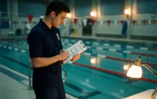 Rettungsschwimmer in dunkler Uniform prüft Wochendienstplan auf Klemmbrett am Rand eines ruhigen Hallenbades.