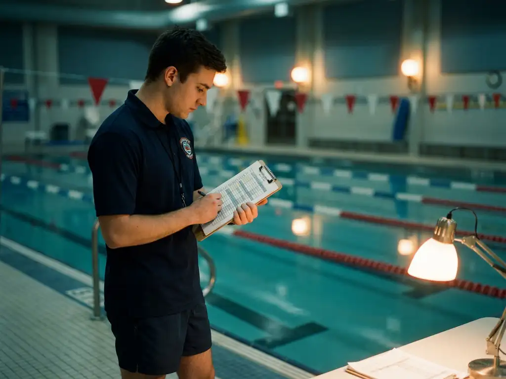 Rettungsschwimmer in dunkler Uniform prüft Wochendienstplan auf Klemmbrett am Rand eines ruhigen Hallenbades.