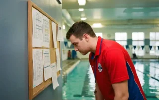 Rettungsschwimmer in Uniform studiert Dienstplan an Pinnwand in Hallenbad mit türkisfarbenem Wasser im Hintergrund.