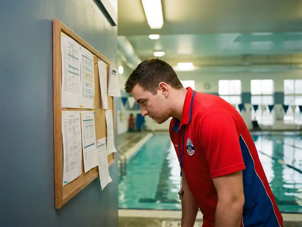 Rettungsschwimmer in Uniform studiert Dienstplan an Pinnwand in Hallenbad mit türkisfarbenem Wasser im Hintergrund.