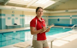 Rettungsschwimmer in Uniform prüft Klemmbrett neben einem Hallenbad mit türkisblauem Wasser und weißen Fliesenflächen.