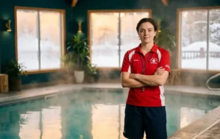Rettungsschwimmer in Uniform steht selbstbewusst am Beckenrand eines dampfenden Indoor-Wellnessbades mit türkisfarbenem Wasser.