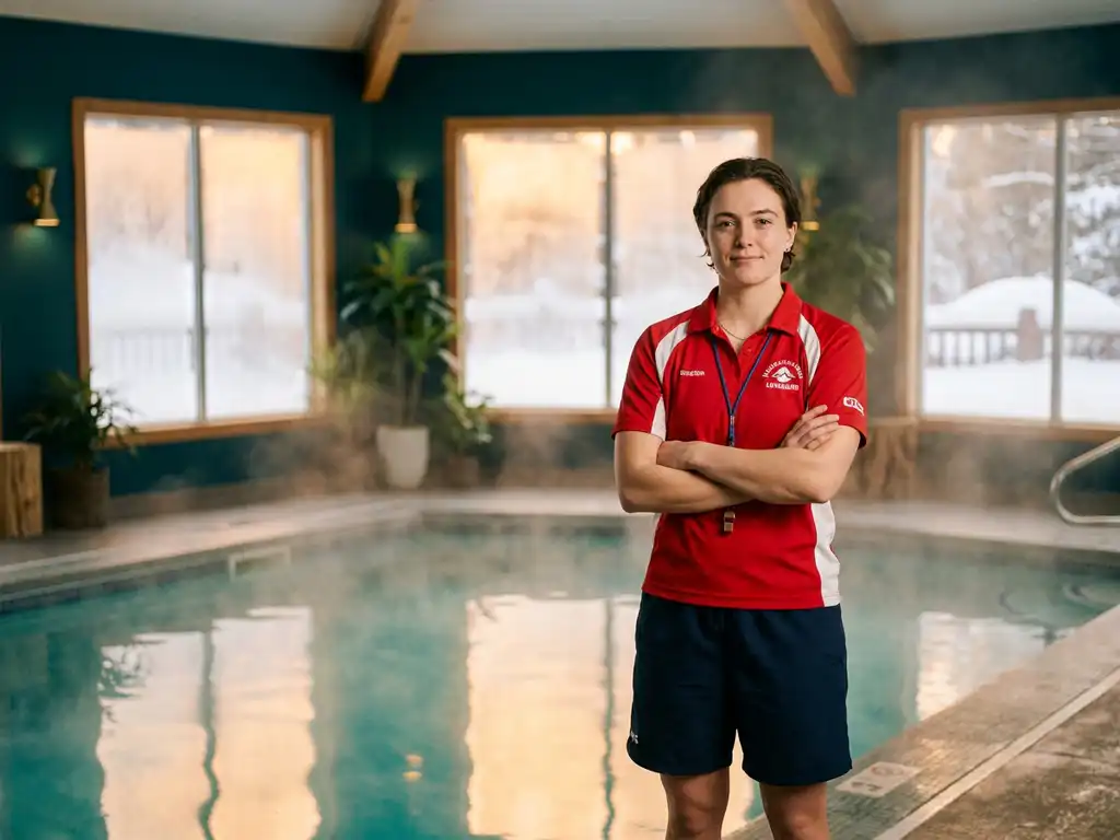 Rettungsschwimmer in Uniform steht selbstbewusst am Beckenrand eines dampfenden Indoor-Wellnessbades mit türkisfarbenem Wasser.