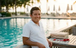 Lächelnder Bademeister in weißem Poloshirt lehnt an Poolgeländer, türkisfarbenes Wasser im Hintergrund, goldenes Nachmittagslicht.
