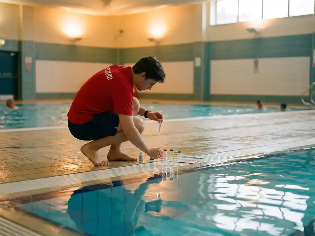 Rettungsschwimmer testet Wasserchemie am Rand eines Hallenbades mit Testkit, Chlorwasser schimmert darunter.