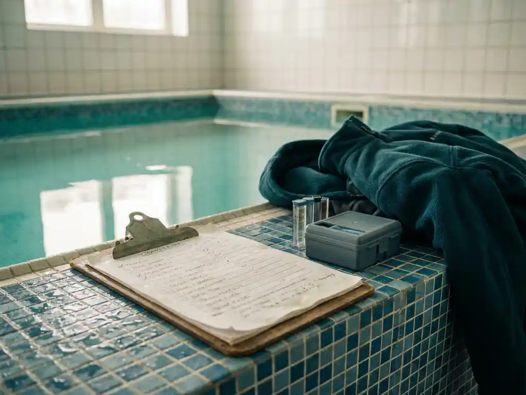 Klemmbrett mit Checkliste auf dem nassen Fliesenrand eines Hallenbades, daneben Winterjacke und Wassertest-Kit.