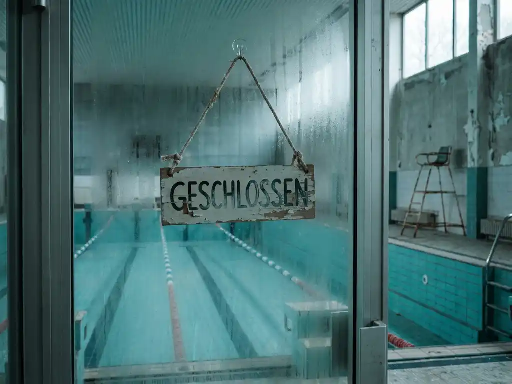 Verwittertes „Geschlossen"-Schild an der Eingangstür eines leeren Hallenbades mit türkisfarbenen Schwimmbahnen dahinter.