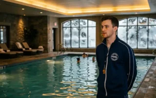 Zertifizierter Bademeister in Uniform überwacht einen ruhigen Innenpool im Hotel, vereiste Fenster im Hintergrund.