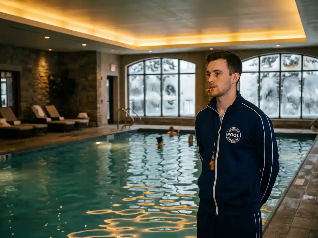 Zertifizierter Bademeister in Uniform überwacht einen ruhigen Innenpool im Hotel, vereiste Fenster im Hintergrund.