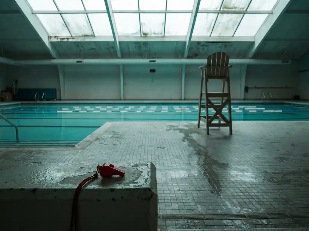 Verlassenes Hallenbad im Winter mit türkisfarbenem Wasser, Bahnseilen, leerem Rettungsstuhl und einer Pfeife auf den nassen Fliesen.