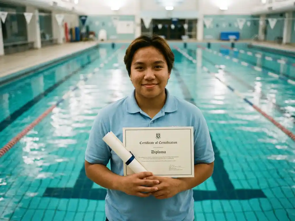 Jugendlicher im Poloshirt hält Schwimmzertifikat am Rand eines Hallenbades mit türkisblauem Wasser.