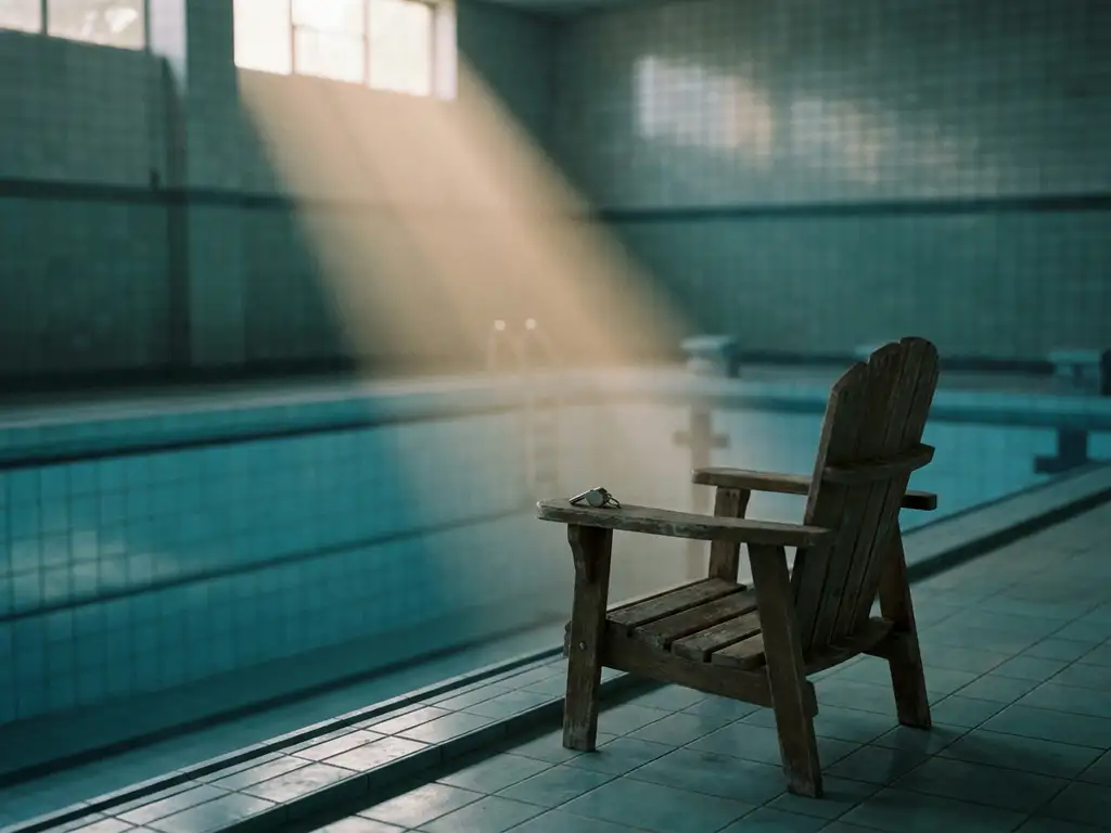 Leerer Rettungsschwimmer-Stuhl am Rand eines verlassenen Hallenbades, Pfeife auf der Armlehne, blaue Kachelreflexionen im stillen Wasser.