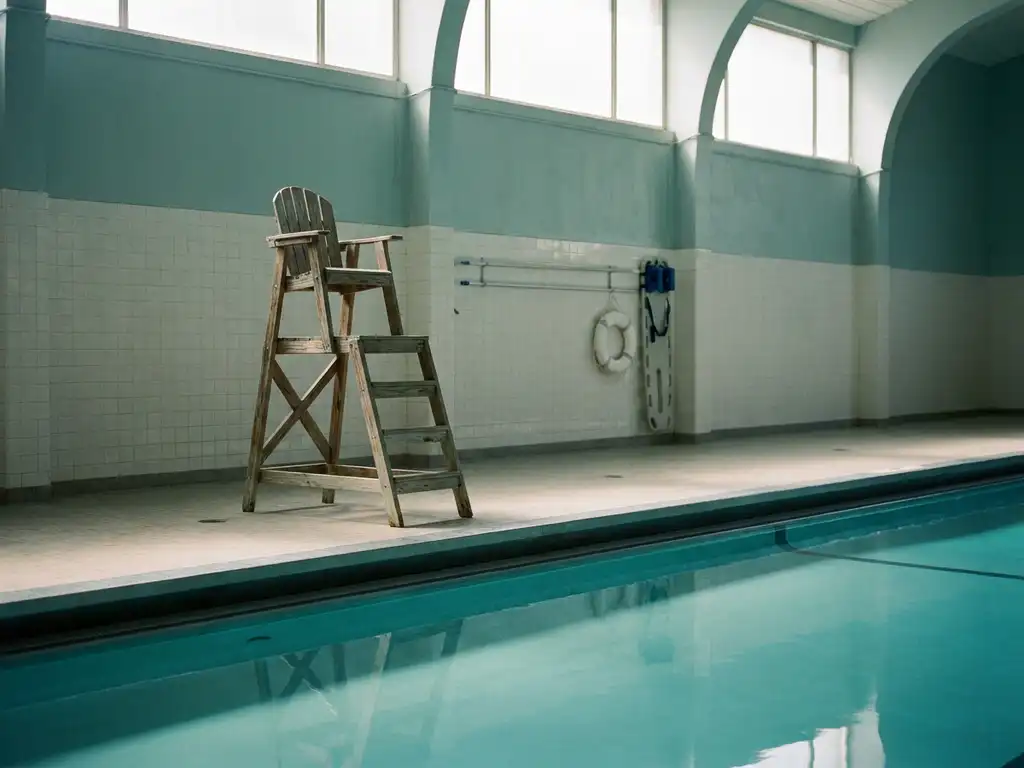 Leerer Rettungsstuhl neben einem ruhigen Hallenbad mit türkisblauem Wasser und Rettungsausrüstung an der gekachelten Wand.