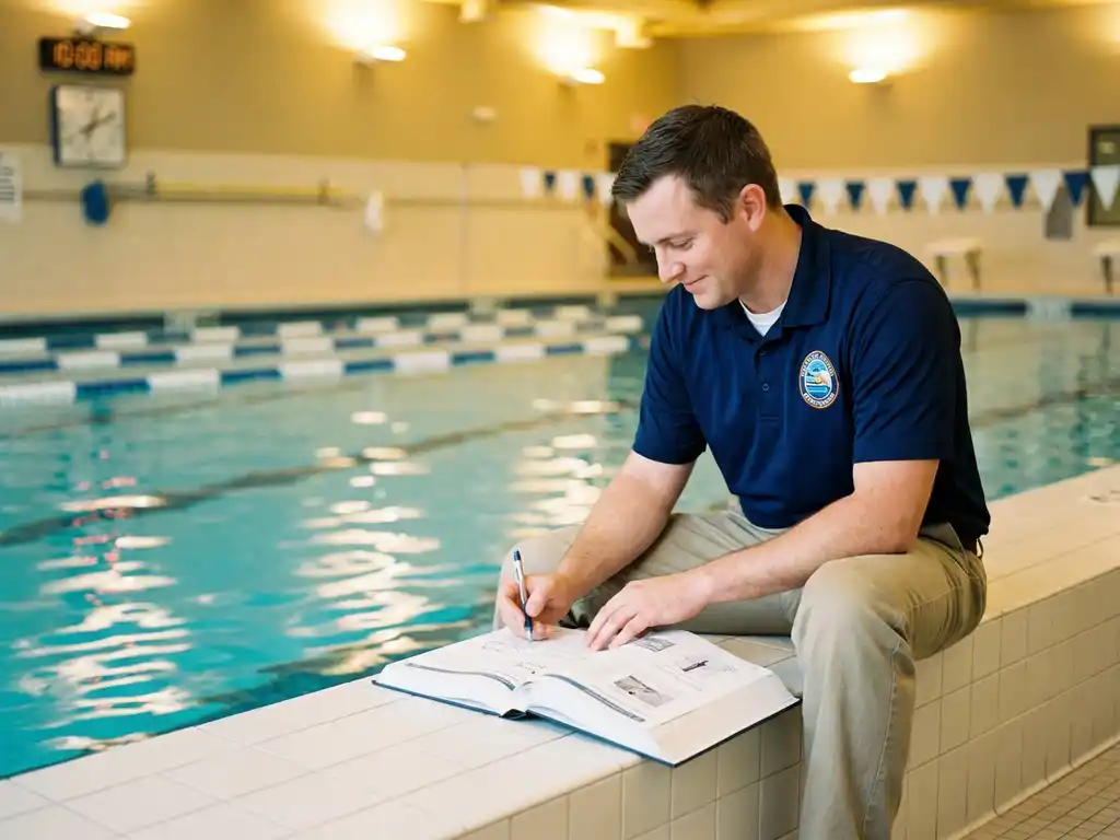 Zertifizierter Schwimmbadfachmann in Uniform studiert Schulungshandbuch am Beckenrand eines gepflegten Hallenbades.
