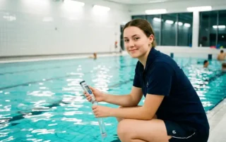 Bademeister in marineblauer Uniform testet Wasserqualität am Rand eines Hallenbades mit Probenehmer, türkisfarbenes Wasser.