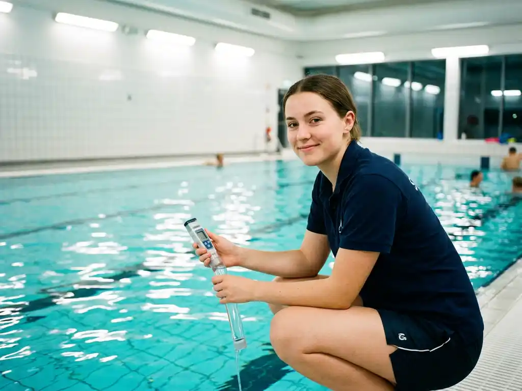 Bademeister in marineblauer Uniform testet Wasserqualität am Rand eines Hallenbades mit Probenehmer, türkisfarbenes Wasser.