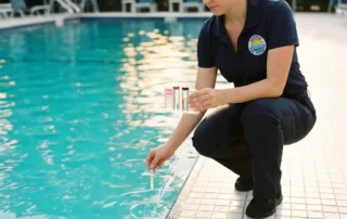 Poolwart in Marineuniform testet Wasserchemie mit Profikit am Beckenrand, türkisfarbenes Wasser im Hintergrund.