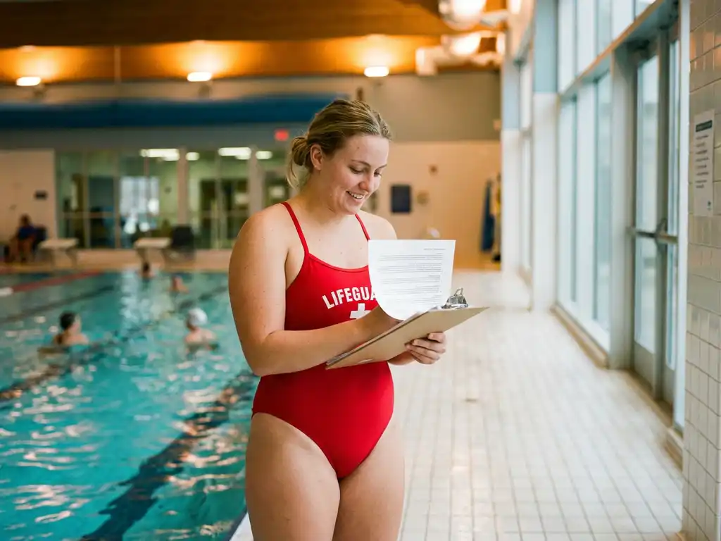 Rettungsschwimmerin in roter Uniform prüft Arbeitsvertrag auf Klemmbrett am Beckenrand einer Hallenschwimmhalle.