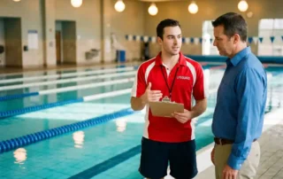 Zertifizierter Rettungsschwimmer in Uniform bespricht Sicherheitsprotokoll mit Poolmanager an einem Hallenbad mit türkisfarbenem Wasser.