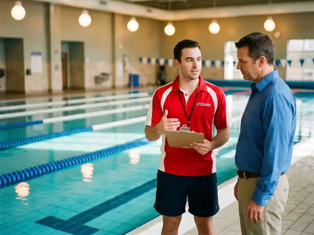 Zertifizierter Rettungsschwimmer in Uniform bespricht Sicherheitsprotokoll mit Poolmanager an einem Hallenbad mit türkisfarbenem Wasser.