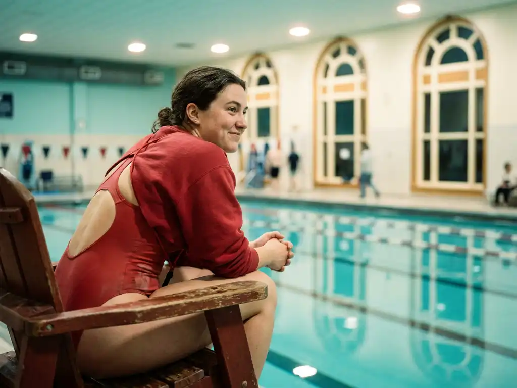 Rettungsschwimmerin in rotem Badeanzug auf erhöhtem Beobachtungsstuhl an einem Hallenbad, blickt ruhig über türkisfarbenes Wasser.