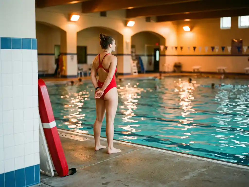 Rettungsschwimmerin in rotem Badeanzug bewacht ein türkisfarbenes Hallenbad, Rettungsring an weißer Kachelwand.