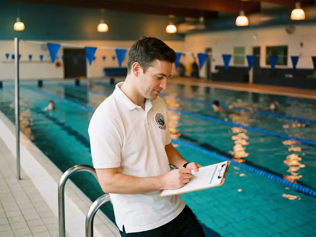 Rettungsschwimmer im weißen Poloshirt prüft Trainingsunterlagen am Rand eines Hallenbades mit türkisfarbenem Wasser.