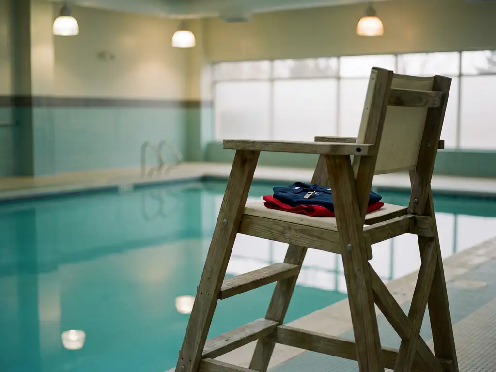 Leerer Rettungsstuhl am Hallenbad mit gefaltetem Uniform und Pfeife, türkisfarbenes Wasser im Hintergrund.
