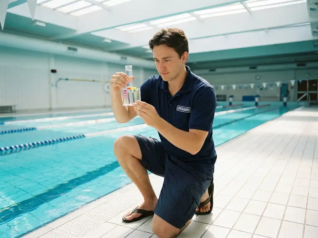 Zertifizierter Bademeister in Marineuniform testet Wasserqualität am Beckenrand eines türkisfarbenen Schwimmbads mit professionellem Testkit.