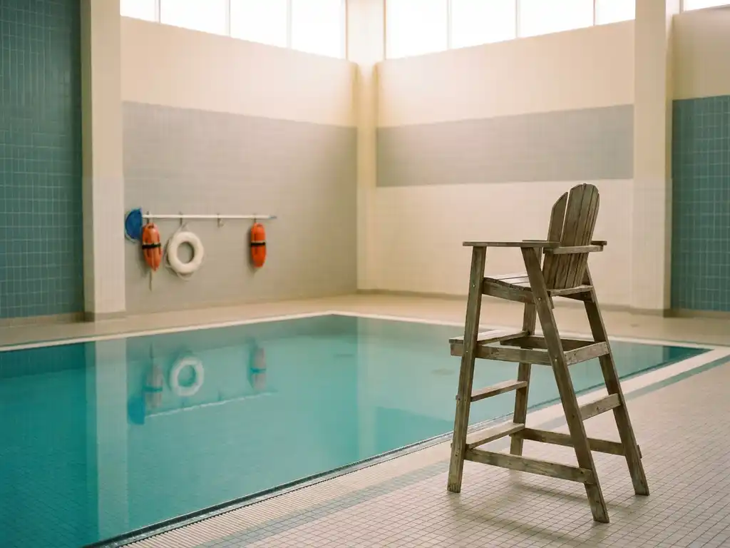 Leerer Rettungsstuhl neben einem ruhigen Hallenbad mit türkisfarbenem Wasser und Rettungsausrüstung an der Kachelwand.