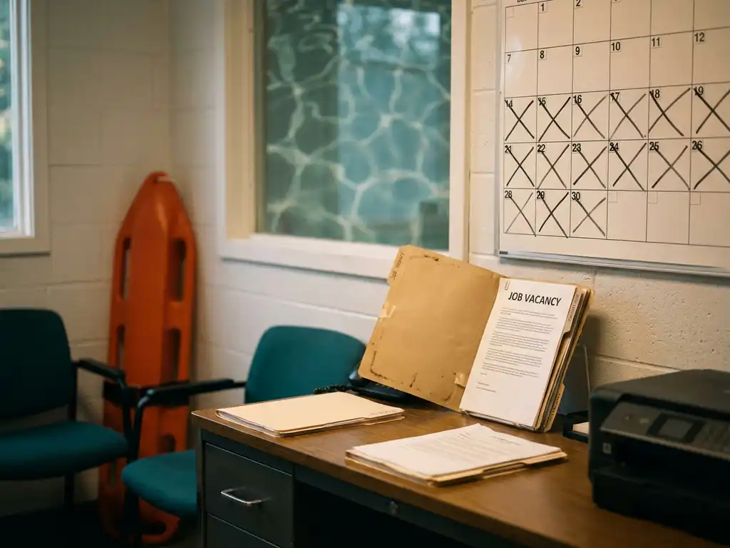 Schreibtisch eines Schwimmbadleiters mit geöffnetem Stellenausschreibungsordner, Wandkalender mit gestrichenen Tagen und Rettungsring im Hintergrund.