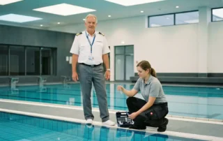 Erfahrener Bademeister in Uniform und Aquatiktechniker testen Wasserchemie am Rand eines blauen Hallenbades.