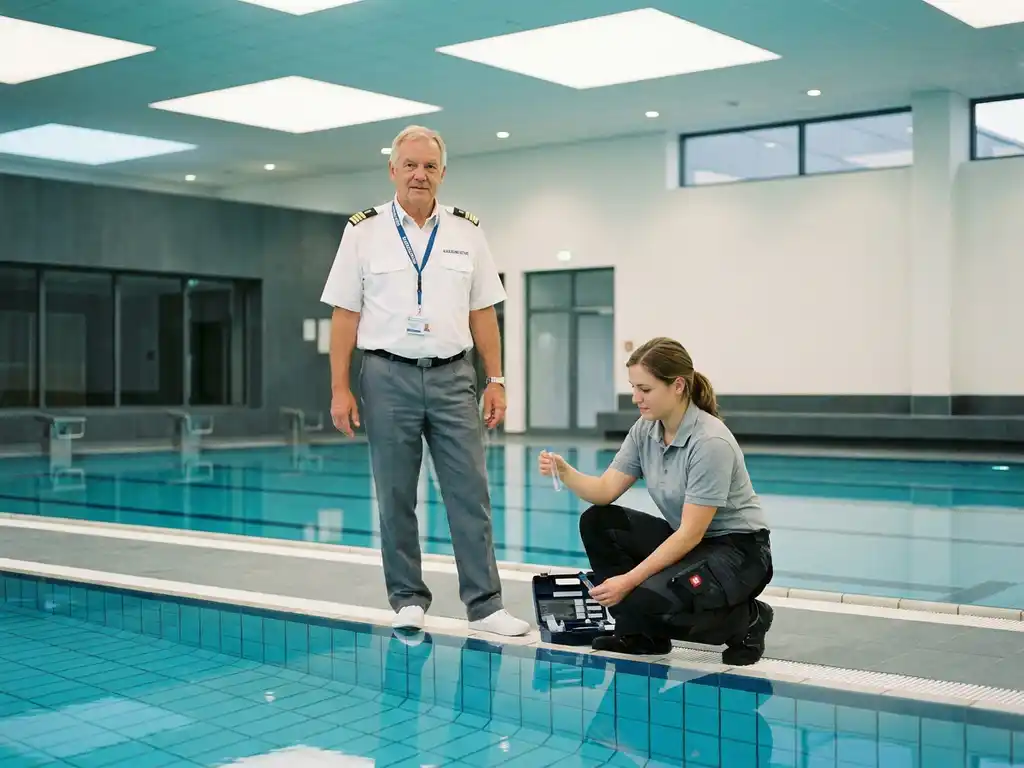 Erfahrener Bademeister in Uniform und Aquatiktechniker testen Wasserchemie am Rand eines blauen Hallenbades.