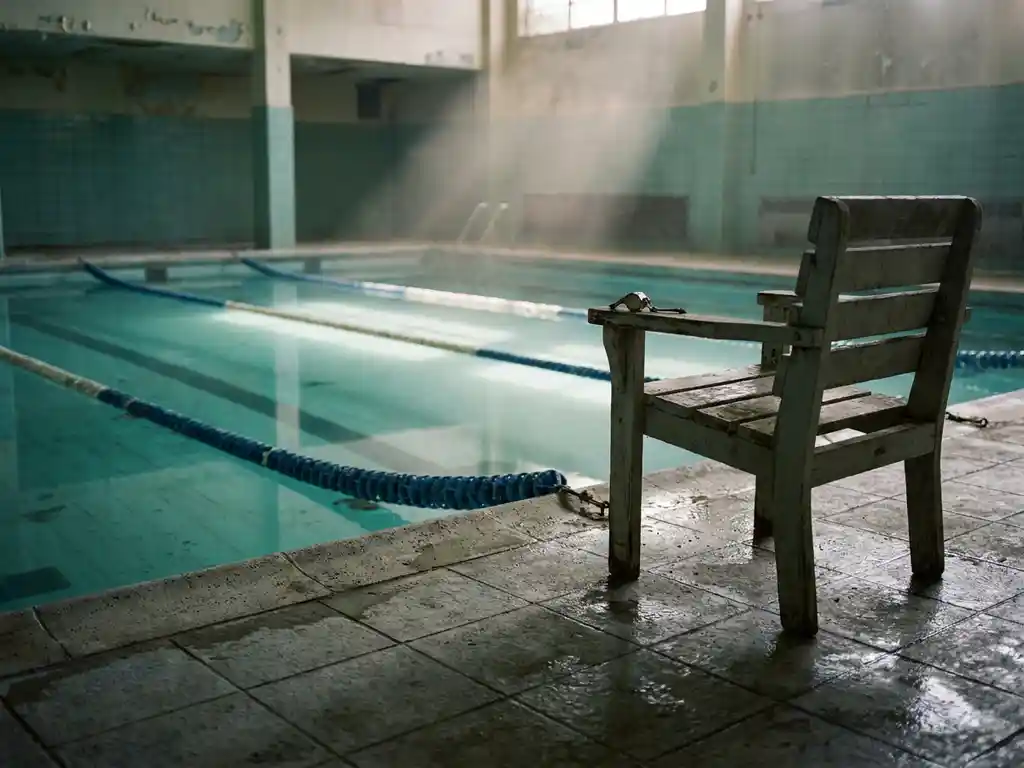 Verlassenes Hallenbad mit türkisfarbenem Wasser, Bahnseilen und einem leeren Rettungsstuhl, auf dem eine Pfeife liegt.