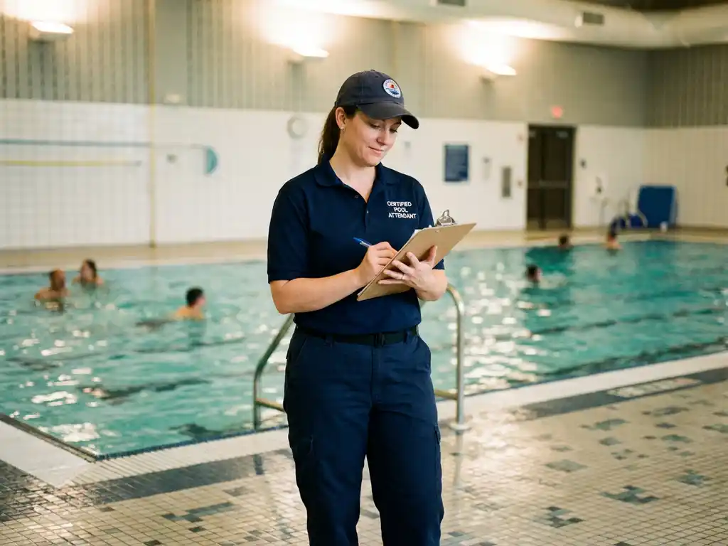 Zertifizierter Bademeister in Marineuniform prüft Klemmbrett am Rand eines öffentlichen Hallenbades mit türkisfarbenem Wasser.