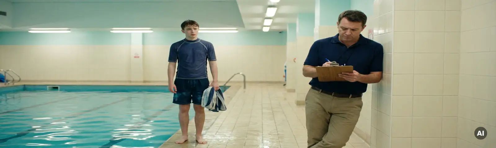 Zeitarbeiter in marineblauer Badebekleidung steht unsicher am Rand eines Hallenbades, während ein Manager ein Klemmbrett prüft.