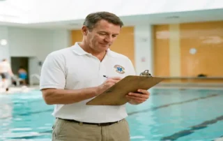 Rettungsschwimmer in weißer Uniform prüft Dienstplan am Rand eines Hallenbades mit türkisblauem Wasser.