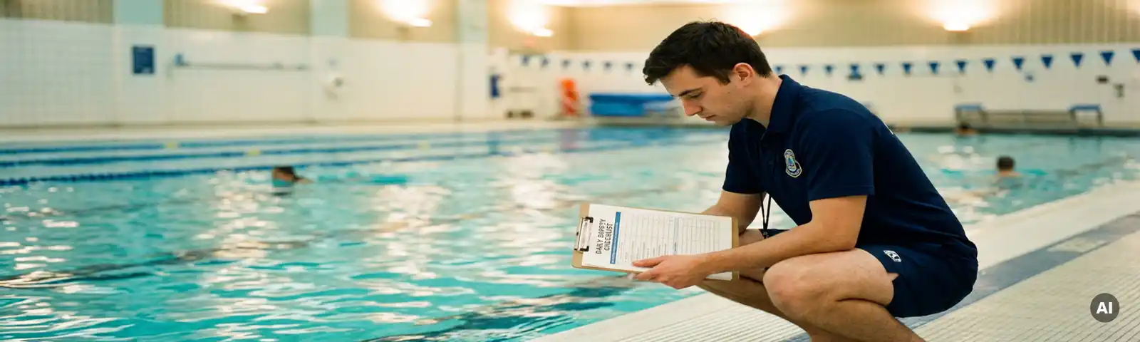 Rettungsschwimmer in Marineblau hockt am Beckenrand und prüft Sicherheitscheckliste, türkisfarbenes Hallenbadwasser im Hintergrund.