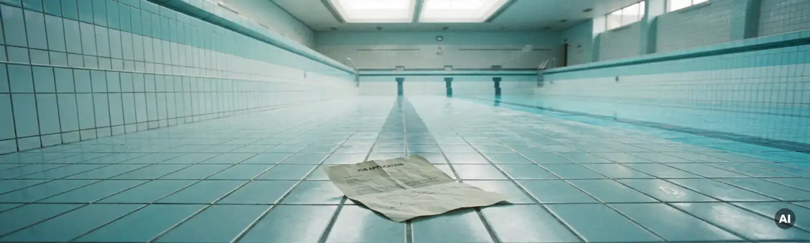 Zerknülltes Bewerbungsformular auf dem Boden einer leeren Schwimmbahnspur, türkisblaues Wasser schimmert in den Nebenbahnen.