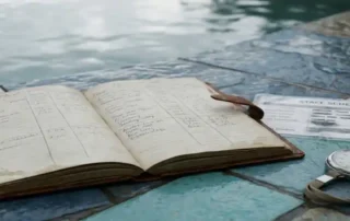 Aufgeschlagenes Notizbuch mit handgeschriebenen Kostenspalten, Dienstplan und Stoppuhr auf nassem Poolrand, aquablaues Licht.