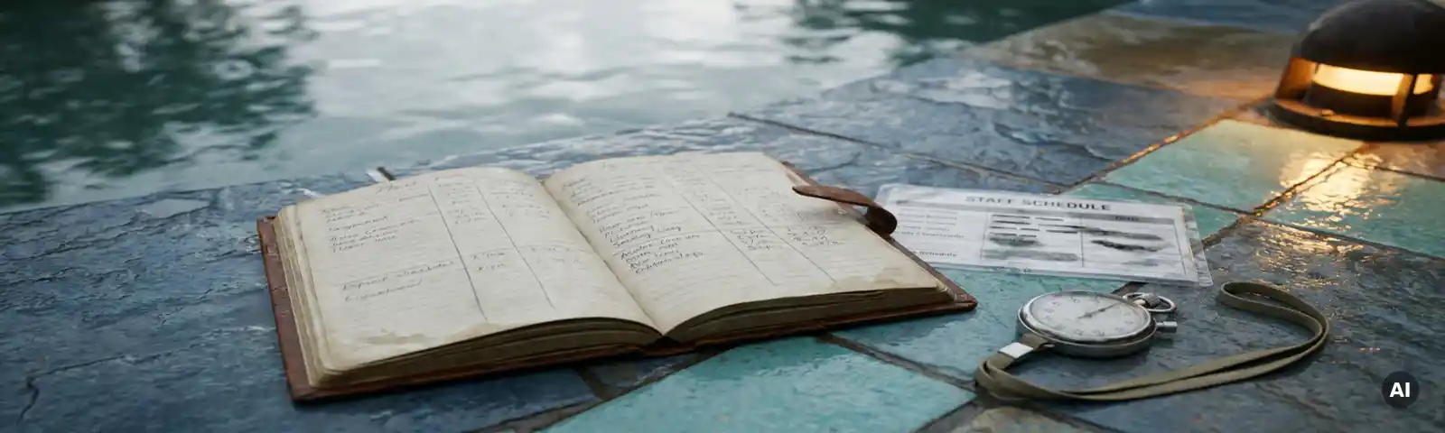 Aufgeschlagenes Notizbuch mit handgeschriebenen Kostenspalten, Dienstplan und Stoppuhr auf nassem Poolrand, aquablaues Licht.