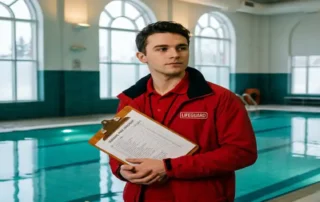 Rettungsschwimmer in roter Uniform prüft saisonalen Checkliste auf Klemmbrett, Hallenbad mit türkisem Wasser im Hintergrund.