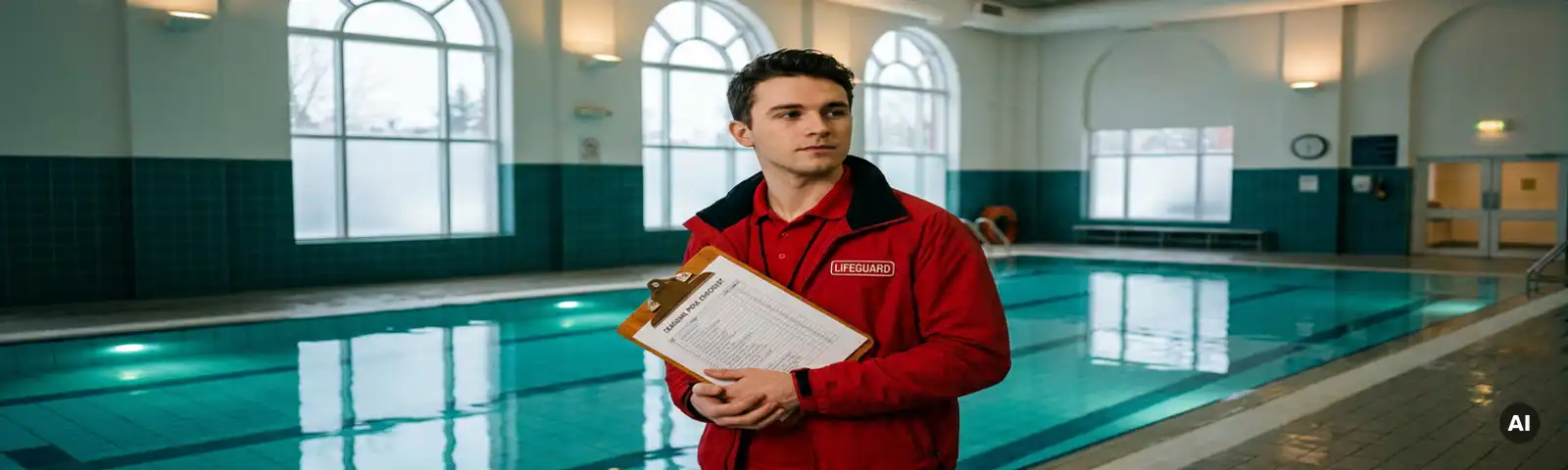 Rettungsschwimmer in roter Uniform prüft saisonalen Checkliste auf Klemmbrett, Hallenbad mit türkisem Wasser im Hintergrund.