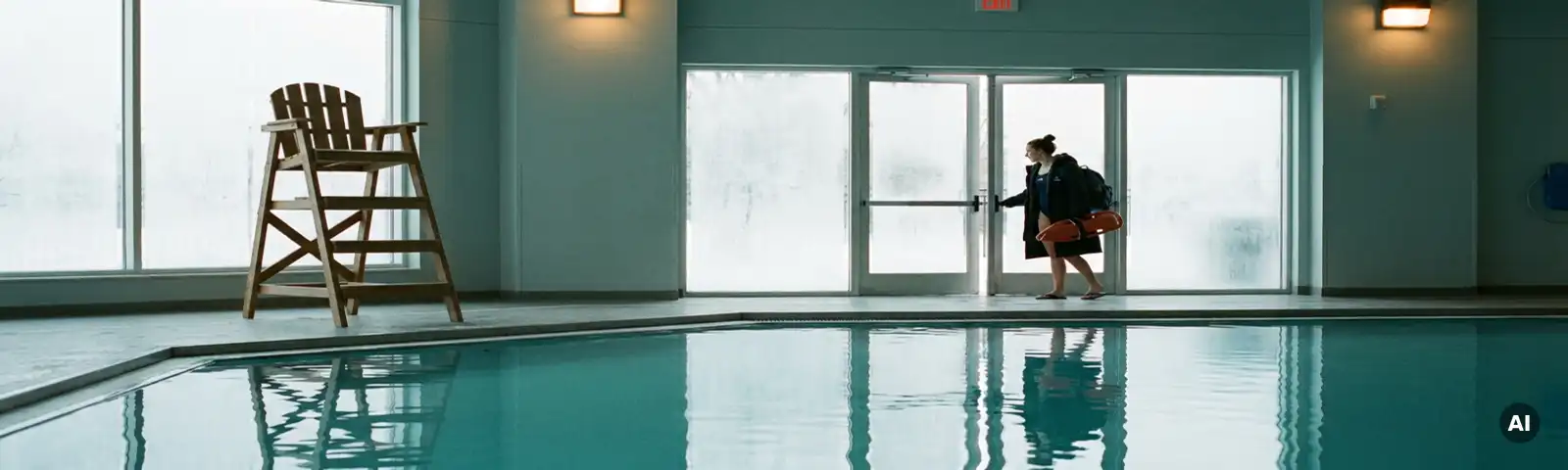 Leerer Rettungsstuhl an einem Hallenbad im Winter, während ein neuer Bademeister durch Milchglastüren mit Ausrüstung eintritt.
