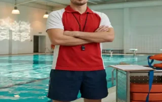 Zertifizierter Bademeister in Uniform am Rand eines öffentlichen Hallenbades, Arme verschränkt, türkisfarbenes Wasser im Hintergrund.