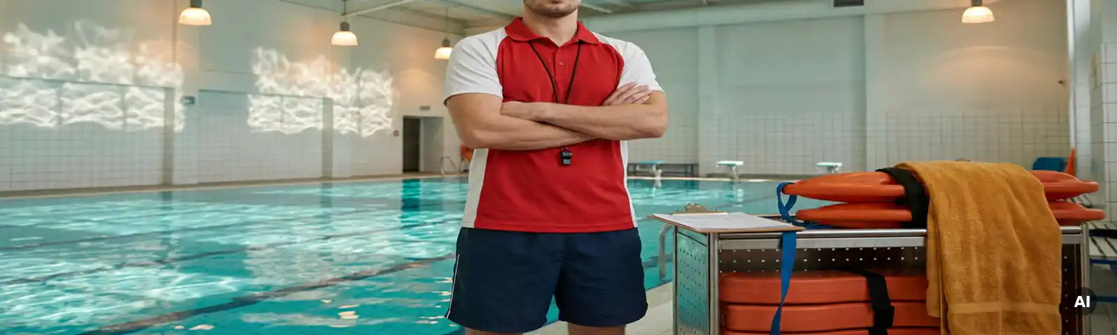 Zertifizierter Bademeister in Uniform am Rand eines öffentlichen Hallenbades, Arme verschränkt, türkisfarbenes Wasser im Hintergrund.