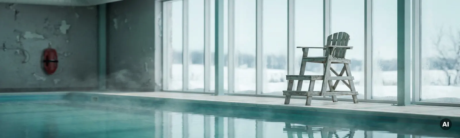 Leerer Rettungsstuhl an einem menschenleeren Hallenbad mit dampfendem türkisfarbenem Wasser und Winterfrost hinter Panoramafenstern.
