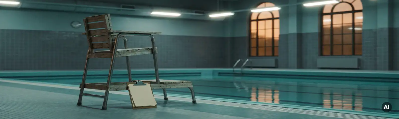 Leerer Rettungsstuhl neben einem ruhigen Hallenbad mit Klemmbrett und Dienstplänen, blasses Licht spiegelt sich im türkisfarbenen Wasser.