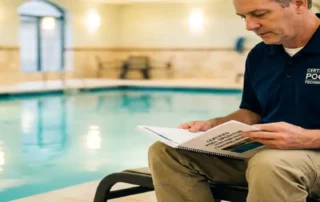 Zertifizierter Schwimmbadfachmann in Uniform studiert Schulungshandbuch neben einem glänzenden Hallenbad mit türkisfarbenem Wasser.