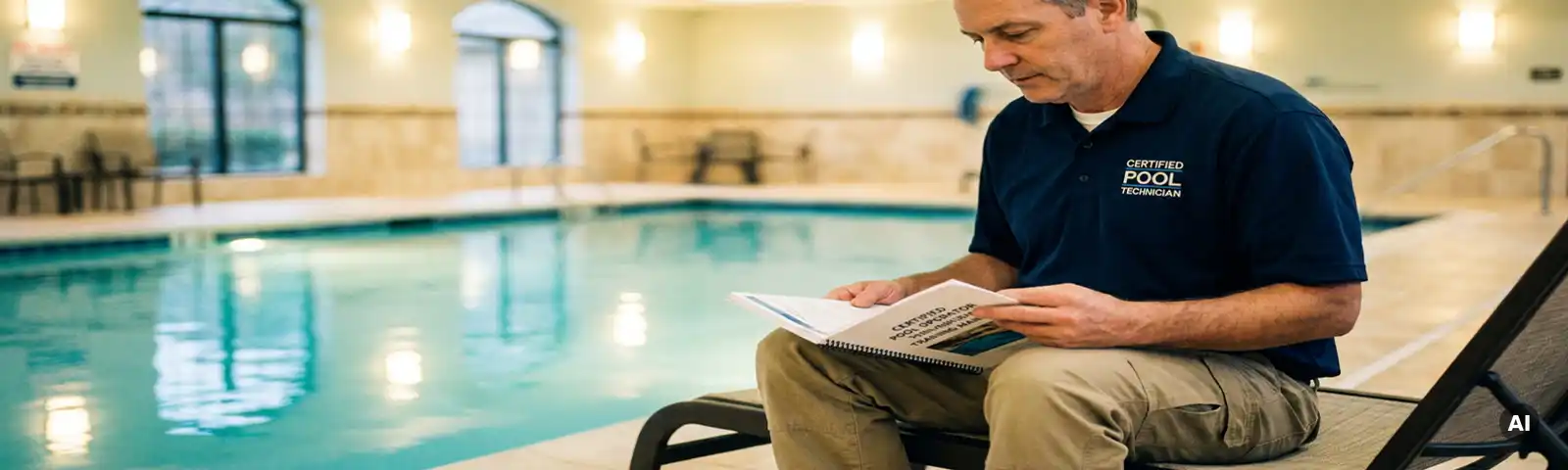 Zertifizierter Schwimmbadfachmann in Uniform studiert Schulungshandbuch neben einem glänzenden Hallenbad mit türkisfarbenem Wasser.